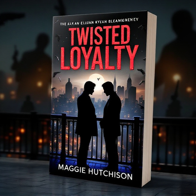The cover features a dimly lit balcony with a city skyline in the background. Kylah and Elijah stand facing each other, representing the tension and loyalty between them. Shadows of mafia symbols like guns and silhouette figures lurk in the background, adding to the atmosphere of danger.