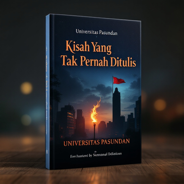 The cover features a night scene of a city, with dim streetlights casting a soft glow on the buildings. The silhouette of Universitas Pasundan stands tall in the background, symbolizing knowledge and education. A flag waving in the wind or a lit torch represents the spirit of freedom and resilience. The overall image creates a sense of hope in the midst of darkness.