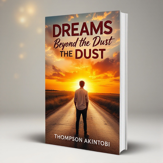 The cover features a young adult standing at the edge of a dusty road, looking out into a vibrant sunset. The road symbolizes the journey towards dreams, while the dust represents the obstacles faced along the way.