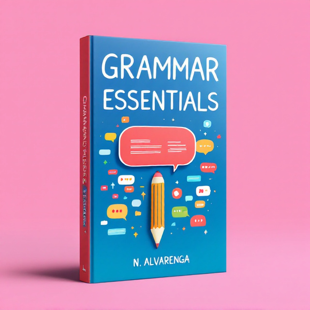 A vibrant and modern illustration of a pencil and a speech bubble, with colorful word bubbles floating around, representing the essential elements of grammar and communication.