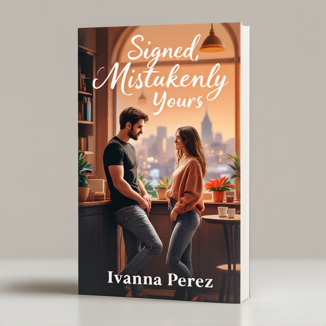 The cover features a cozy café scene with warm peach tones. The young couple is positioned in the foreground, with the male protagonist leaning against the café counter, wearing a casual black t-shirt and jeans. The female protagonist stands beside him, dressed in a cozy sweater and high-waisted jeans. Soft lighting illuminates their faces and creates a romantic ambiance. The café is adorned with potted plants, bookshelves, and coffee cups on the tables. In the background, a cityscape can be seen through the café windows, adding a touch of intrigue to the scene.