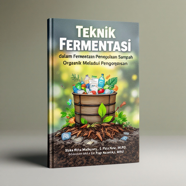 The cover features a vibrant image of household waste such as food scraps, paper, and plastic bottles. Overlaying the image is an illustration of a compost bin, with visible earthworms and decomposing materials. The colors used are earthy tones, representing the natural process of composting.