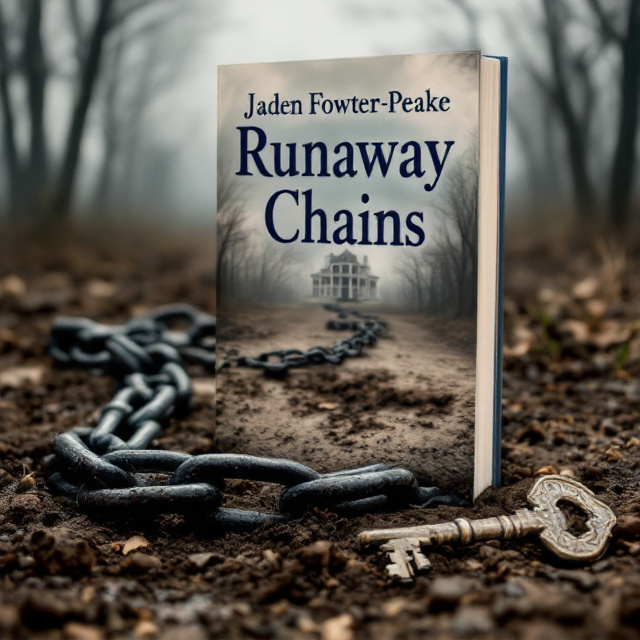 The cover features a close-up shot of a broken chain lying in the dirt. The broken links are visible, symbolizing liberation and the breaking free from chains of oppression. Next to the chain, there is a key partially buried in the ground, representing the hidden truths waiting to be unlocked. In the background, an ominous Southern mansion emerges from the fog, adding a sense of mystery and setting the historical fiction atmosphere.