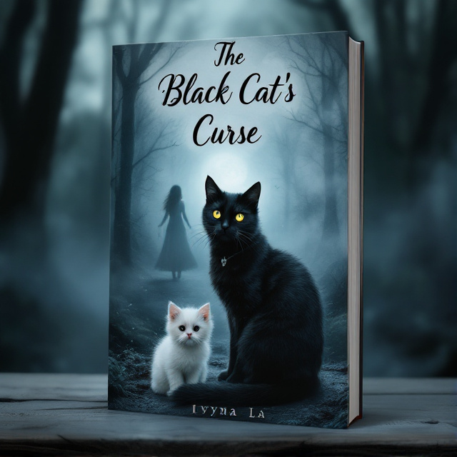 The title "The Black Cat's Curse" is prominently placed near the top of the cover in a cursive font. The black cat is positioned in the center of the cover, with misty moonlight illuminating its figure. In the background, a silhouette of the girl is faintly visible, symbolizing her trapped state. A white kitten is shown at the bottom, representing the protagonist's inner innocence.