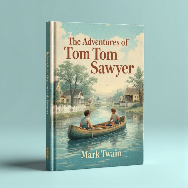 The cover features a picturesque scene of Tom Sawyer and his friend rafting down a river, with a white picket fence and a rural southern town in the background. The colors are soft and vintage, with a predominant soft blue tone.