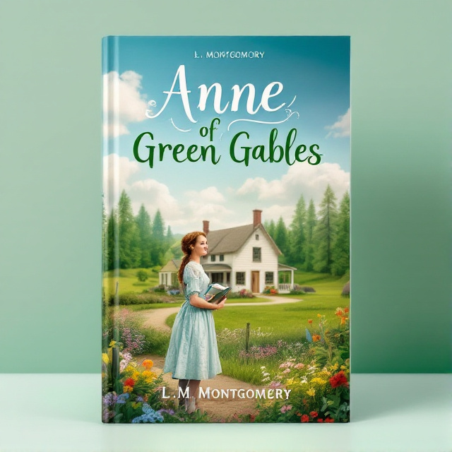 The cover features a panoramic view of the green mountain wall farmhouse, with the farmhouse centered in the middle of the cover. The farmhouse is surrounded by lush green grass, tall trees, and colorful flowers. Anne stands at the door of the farmhouse, smiling and looking into the distance, with a journal and a stack of books in her hands.