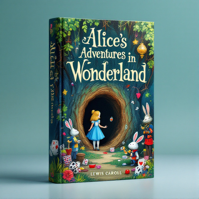 The cover features a whimsical illustration of a little girl, Alice, wearing a blue dress, standing at the entrance of a big tree hole in a fairyland. The white rabbit is seen holding a pocket watch, and a poker soldier is standing nearby. Various fantastical items, such as playing cards and a teapot, are scattered around the scene.