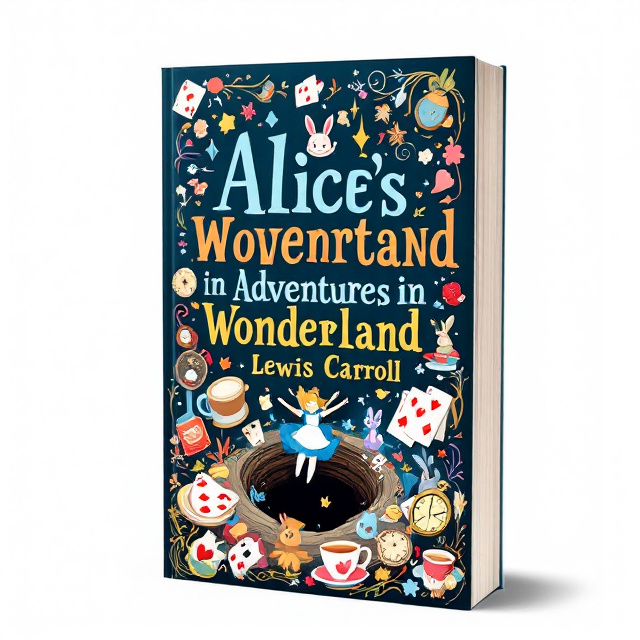 The cover features a whimsical scene of Alice falling down the rabbit hole. Surrounding her are teacups, playing cards, a pocket watch, and a rabbit, all representing the fantastical world she encounters in Wonderland. The elements are arranged in a playful and dynamic manner, capturing the curiosity and wonder of the story.