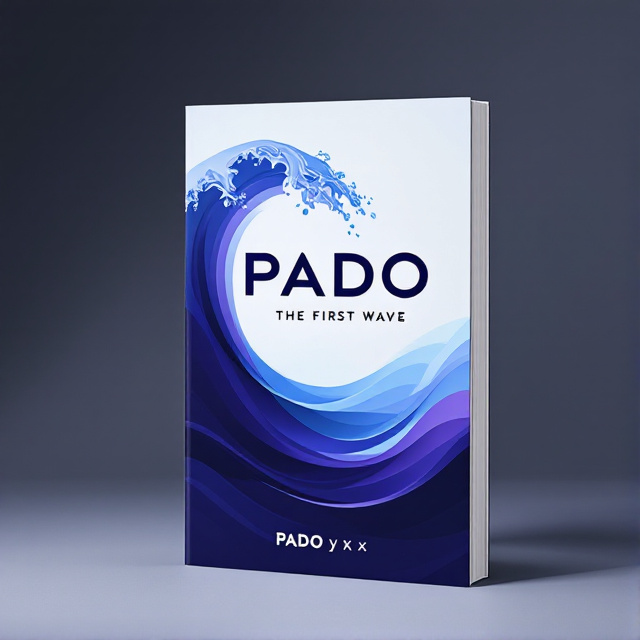 The cover features a bold and dynamic logo of the book title "PADO The First Wave" in a wave-like shape, with shades of blue and purple blending together to create a sense of movement. The waves are depicted with a gradient effect, transitioning from darker shades at the bottom to lighter shades at the top, representing the transition from night to dawn.