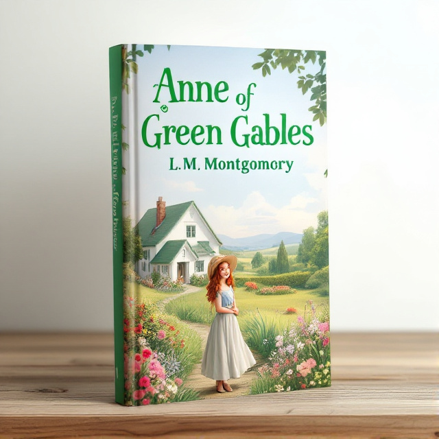 The cover showcases a panoramic view of a white cottage with a green roof, surrounded by a lush green landscape of grass, flowers, and trees. In the foreground, a red-haired girl in a long skirt and straw hat stands at the door of the cottage, smiling and looking into the distance.