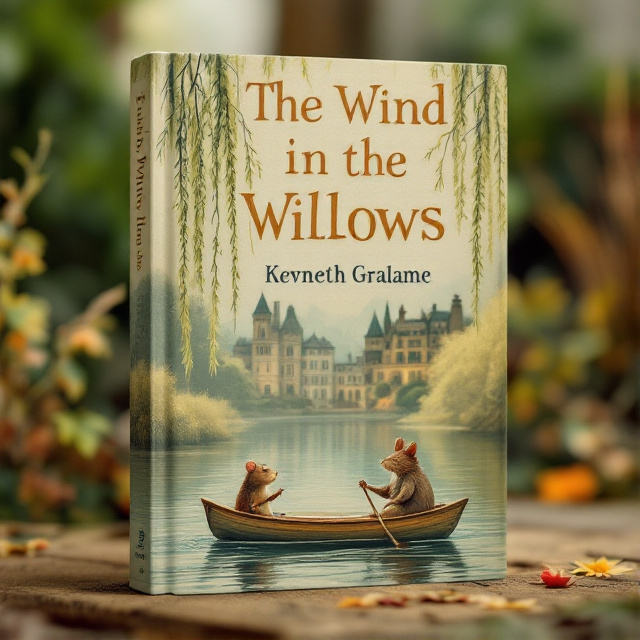 The cover features Mole and Rat in a small boat, peacefully rowing along the riverbank. Weeping willows hang gracefully over the river, creating a serene atmosphere. Toad Hall, a grand mansion, stands in the background as a symbol of adventure and comfort.