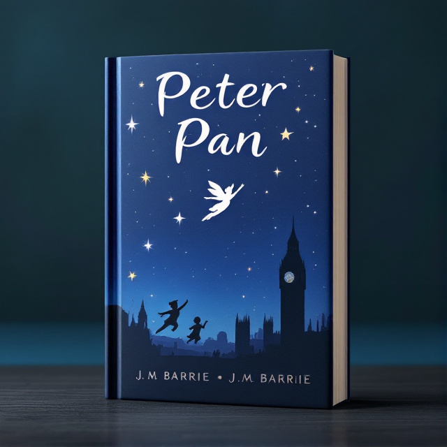 The cover features a deep blue background with a silhouette of Peter Pan flying in the center. Surrounding Peter Pan are smaller silhouettes of Wendy, John, and Michael. The silhouette of Big Ben is depicted in the background, with stars filling the night sky.