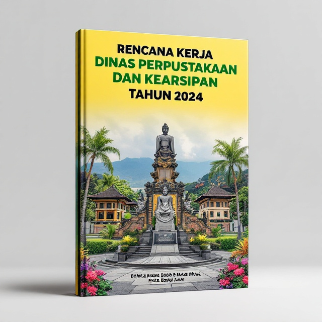 The cover features a vibrant image of a statue of Catur Muka in Denpasar, Bali. The statue is surrounded by a beautiful Balinese landscape, including palm trees, flowering plants, and traditional Balinese architecture. The scene captures the essence of Bali's cultural heritage and natural beauty.