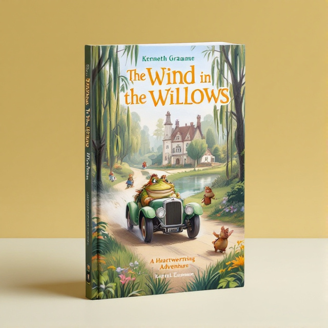 The cover features an illustration of Toad in his motorcar zooming down a countryside road, with Mole and Rat chasing after him. The scene is surrounded by lush green trees, weeping willows, and a peaceful riverbank. Toad Hall is visible in the background, and a cozy fireplace is depicted in the corner.