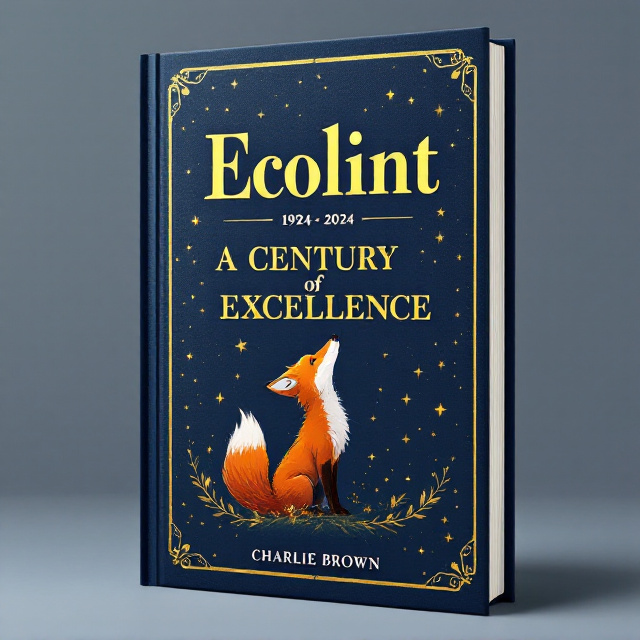The cover features a deep, rich dark blue background, creating a classic and elegant look. At the top, the title "Ecolint A Century of Excellence" is written in large, bold, and stylish gold font to stand out against the blue. In the bottom corner, a beautifully illustrated fox is positioned, looking upwards, with its tail elegantly curling around the edge. Subtle gold accents, like stars and laurel leaves, are incorporated around the border to enhance the celebratory feel. At the bottom, the years "1924 - 2024" are added in smaller text, celebrating the centennial.
