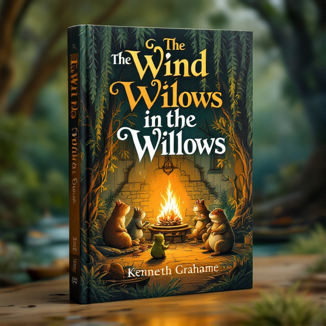 The cover features Mole, Rat, Toad, and Badger gathered around a cozy fireplace in Toad Hall. Weeping willows frame the scene, and boats can be seen on the riverbank. The warm orange and brown tones of the animals and fireplace contrast with the deep greens and blues of the surrounding nature.