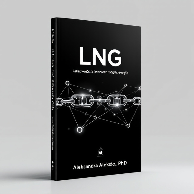 The cover features a black background that signifies the energy and power of the gas and LNG industry. A series of linked chains in white are placed in the center, representing the value chain in the industry. Gas hubs are strategically placed within the chains to symbolize the market and contracts. The chains link gas wells, terminals, and industry gas consumers.