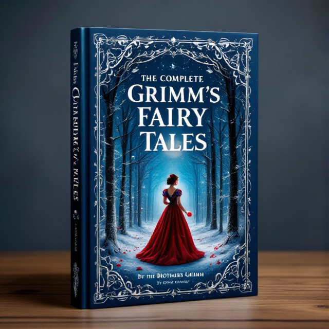 The cover features a dark blue background with a snow-covered forest scene. In the center, Snow White stands, dressed in a vibrant crimson gown, holding a red apple in her hand. The forest is enchanting and filled with mystery, with tall trees covered in snow and a faint glimmer of silver moonlight.