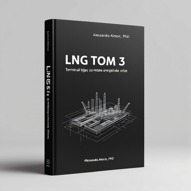 The cover features a minimalist design with a black background. In the center, there is an abstract representation of an LNG terminal, created with clean lines and geometric shapes. The terminal design is simple yet intriguing, capturing the reader's attention. The title and author's name are placed at the top and bottom of the cover, respectively, in a clean and modern font.