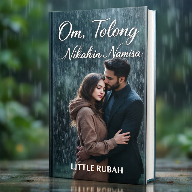 A woman wearing casual clothes stands in the foreground, looking somberly towards the viewer. She is in the arms of a handsome man in formal attire who is comforting her. The scene takes place outdoors, with gentle rain falling and creating a drizzling effect.