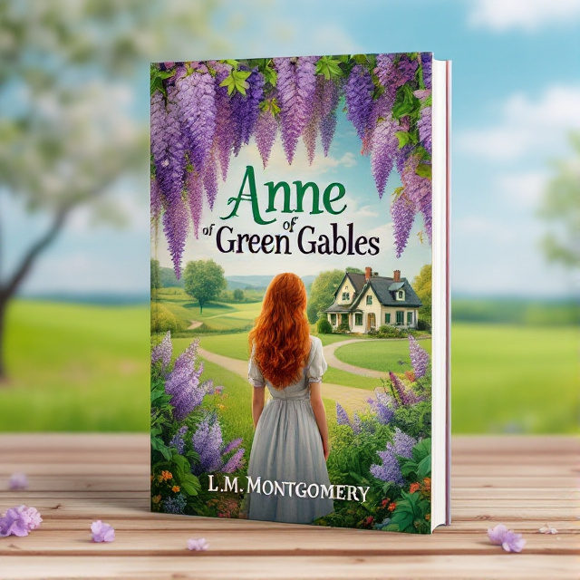 The cover features Anne standing in front of Green Gables, with colorful wisteria flowers blooming around her. The background shows green fields and blue skies, capturing the beauty of nature and reflecting Anne's joyful spirit.