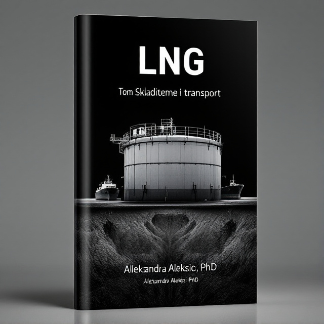 The cover features a double wall tank prominently placed in the center, symbolizing the subject matter of the book. The LNG tanker and cargo ship from Algeria are positioned on either side, representing the journey and transport aspect. Buried LNG tanks on the England coast are shown in the bottom section, indicating the storage aspect. The black background provides a serious and industry-related atmosphere.