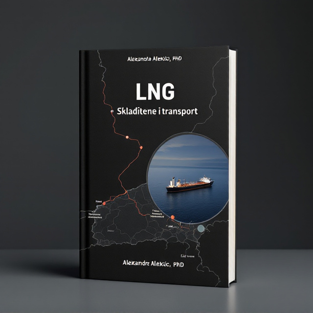 The book cover features a minimalist design with a black background, symbolizing the seriousness of the science and technology genre. In the center of the cover, a map is displayed, highlighting the route from Algeria to the coast of England. A burried double wall tank and an LNG tanker are positioned on the coastline, representing the book's content on LNG storage and transport.