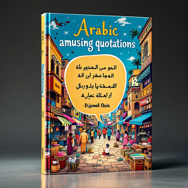The cover features a colorful and vibrant illustration of a traditional Arabian market, with bustling crowds, merchants, and various goods on display. In the center, a large speech bubble contains a humorous Arabic quotation. The title is displayed prominently at the top, with the author's name at the bottom.