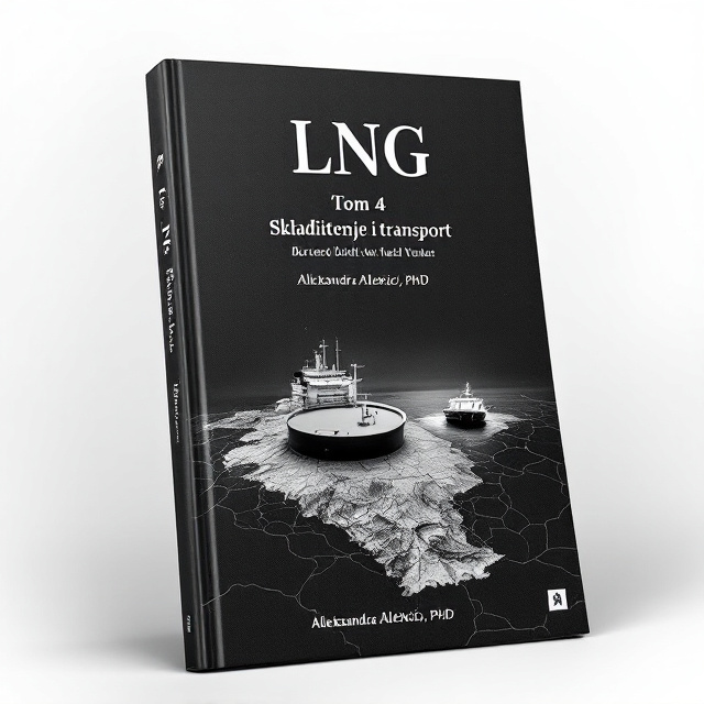 The book cover features a minimalist design with a black background. In the center, a map of Algeria is positioned, with a burried double wall tank symbolically placed on top of it. To the right of the map, an LNG tanker is depicted sailing along the England coast. The elements are arranged in a way that guides the viewer's gaze from Algeria to the coastline, representing the journey of LNG transport.