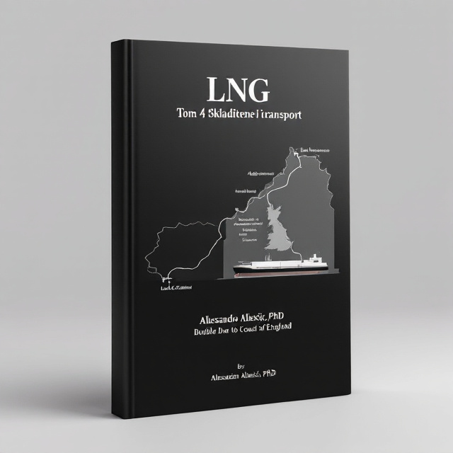 The cover features a minimalist style with a black background. In the center, a map is depicted, showcasing the route from Algeria to the coast of England. Above the map, a burried double wall tank is shown, emphasizing the storage aspect of LNG transport. To the right of the map, an LNG tanker is illustrated, symbolizing the transportation element.