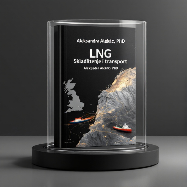 A minimalist black background with a showcase shaped like a glass with a double bottom. A map of Algeria and the England coast is displayed prominently. Buried double wall tanks and an LNG tanker are arranged to guide the viewer's gaze and highlight the journey of LNG transport.