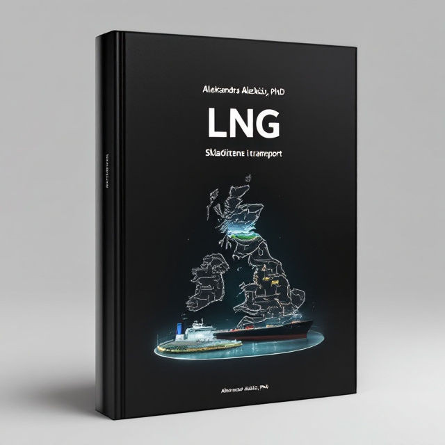 The cover features a minimalist black background. At the center, a showcase-shaped glass is showcased, representing the theme of storage and transport. Inside the glass, a map of Algeria is positioned at the bottom, symbolizing the origin of the LNG. Above the map, the outline of the England coast is displayed, representing the destination for transport. Inside the map, a burried double wall tank is depicted, highlighting the storage aspect of LNG. Finally, an LNG tanker is placed above the map, signifying the journey of transport.