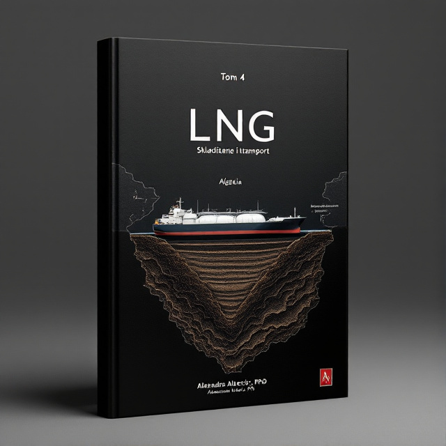 The minimalist black background sets the serious tone for the science and technology genre. A map of Algeria is positioned on the left side of the cover, symbolizing the origin of the LNG. On the right side, the England coast is shown, representing the destination. In between, a burried double wall tank is displayed, signifying storage. Above it, an LNG tanker is depicted, representing transport.