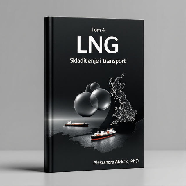 The book cover features a minimalist black background with a map of Algeria and the coast of England. A bubble-shaped double-walled vessel is placed on the map, symbolizing LNG storage and transportation. An LNG tanker is depicted on the coast of England, representing the transport of LNG.