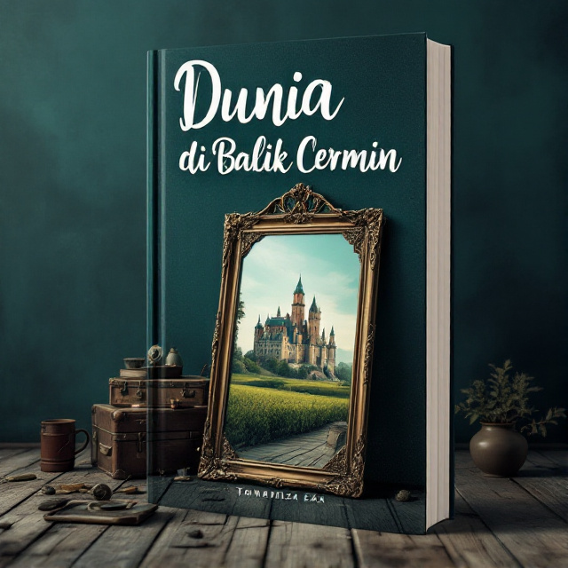 A dark teal background with a slightly faded texture. In the center, an old wooden attic is shown, with a mirror leaning against suitcases. The mirror reflects a picturesque castle in a green field. Other miscellaneous items are scattered around the attic, emphasizing the sense of nostalgia and adventure. The title "Dunia di Balik Cermin" is displayed in white cursive font, slightly larger and positioned above the mirror.