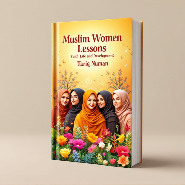 The cover features a group of diverse Muslim women standing together, symbolizing their unity and strength. The women are surrounded by vibrant flowers and trees, representing growth and resilience. In the background, there is a warm color gradient, transitioning from yellow to orange, creating a sense of positivity and energy. Subtle icons of faith, such as small crescent moons and prayer beads, are integrated into the background, adding depth and spiritual symbolism to the design.