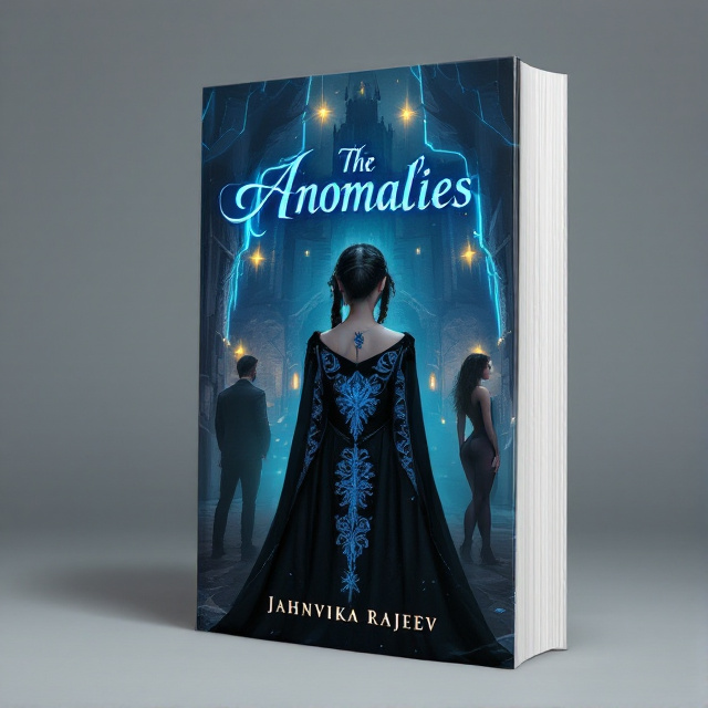 The cover features a girl wearing a black gown with blue intricate borders at the center. Behind her is a dark castle with blue streaks of light and bursts of yellow bright light illuminating the scene. On one side of the girl, there is a man with his back facing the cover, and on her other side, there is a girl wearing a tight bodysuit, also with her back facing the book.