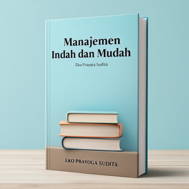 The cover features a clean and minimalist design. The background is a soothing sky blue color, symbolizing relaxation and tranquility. A stack of books is placed at the center, representing the theme of management and learning. The title "Manajemen Indah dan Mudah" is elegantly displayed in bold black letters at the top, while the author's name "Eko Prayoga Sudita" is placed at the bottom in a smaller font size. The overall composition evokes a sense of simplicity and beauty.