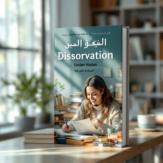 The cover features a serene and calming image of a student working on their dissertation in a peaceful study room, with natural light streaming in through a window. The image is complemented by a university logo or symbol of knowledge, representing the academic nature of the book's content. Smiling faces of students are incorporated to evoke a sense of hope and confidence.
