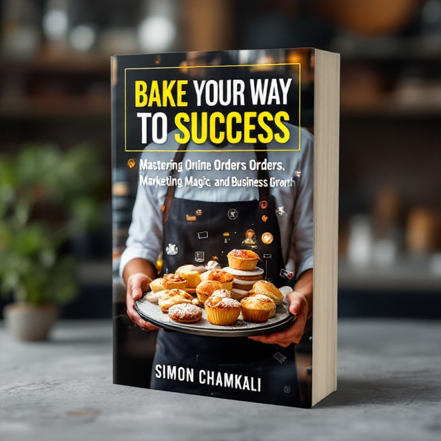 The cover features a close-up image of a baker holding a tray of freshly baked goods in the foreground. In the background, dynamic social media posts and a bustling community crowd are overlaid, representing the online marketing aspect of the book. The visuals are creatively arranged to create a sense of energy and excitement.