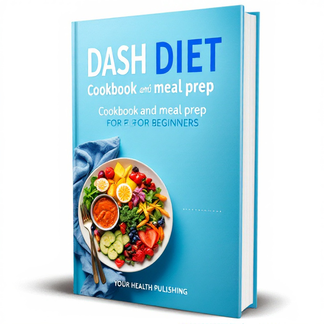 The cover features a clean and fresh visual style with a vibrant blue color scheme. It includes an image of a plate filled with colorful and nutritious food options, representing the healthy and fit dieting aspect of the book. A dashed line is incorporated to depict the "DASH" diet concept.