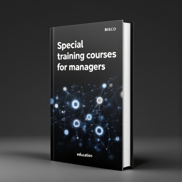 The cover features a bold and sleek design with a black background. It showcases a stylized image of a manager in action, representing the book's focus on special training courses. The image is overlaid with the acronym "BISCO" in white, creating a sense of professionalism and authority.