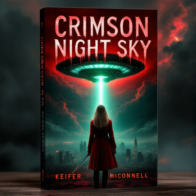 The cover features a dark red night sky with storm clouds swirling overhead. In the background, a circular alien mother ship, glowing green and blue, descends from the clouds. A large city can be seen behind the ship. In the foreground, a tall 18-year-old girl with blonde hair stands, wearing a red coat and holding a sword.