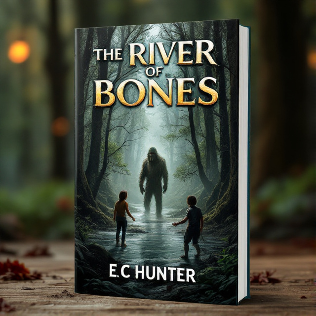 The cover features a dense forest scene with trees towering over a river. In the foreground, a boy and a girl are seen protecting a mysterious creature, the Sasquatch, from a gang of criminals. The scene exudes excitement and danger, with the characters engaged in a tense confrontation.