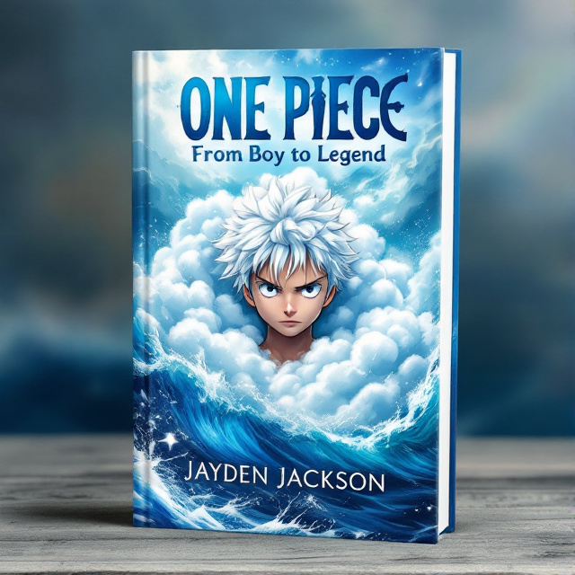 The cover features a vibrant and dynamic scene of the ocean with crashing waves and a stormy sky. In the center of the cover, a young boy with white hair and piercing blue eyes is depicted, surrounded by swirling clouds. The boy's expression is a mix of determination and hope.