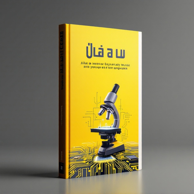 The cover features a vibrant yellow background with a central image of a microscope and a computer chip, symbolizing the fields of science and technology. The title of the book is placed at the top in bold, modern typography, with the words "පදාර්ත හා විකිරණ" stacked on top of each other. On the bottom half of the cover, there is a subtle texture resembling circuit boards to further enhance the technological theme.