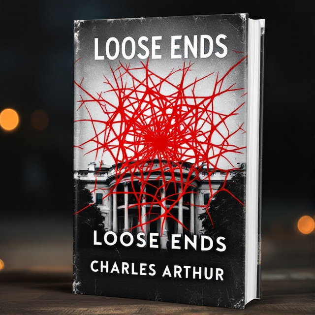 The cover features a close-up image of the White House, with a slight tilt and a gritty, textured effect. Overlaid on the image is a red silhouette of a tangled web, symbolizing the "loose ends" of the thrilling and suspenseful plot. The silhouette adds an air of cynicism and conspiratorial atmosphere to the design.