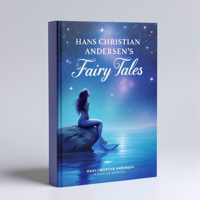 The cover features The Little Mermaid sitting on a rock, looking up at the night sky filled with stars. The sea is calm and reflective, creating a sense of tranquility and wonder. The colors used are soft blues, purples, and silvers, creating a magical and dreamy atmosphere.