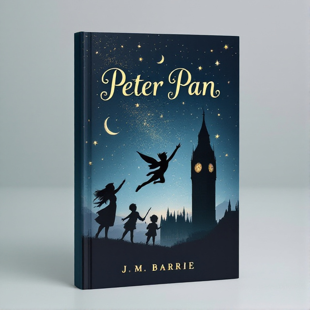 The cover features a dark blue background with a silhouette of Peter Pan flying with Wendy, John, and Michael in the foreground. Big Ben stands tall in the distance, with stars and a crescent moon scattered across the sky. Fairy dust trails behind the characters, adding a touch of magic.