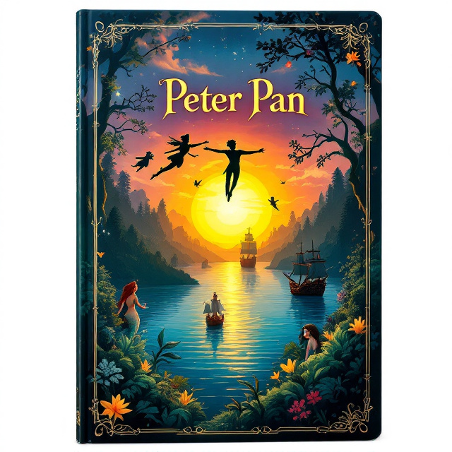 The cover features a central image of Peter Pan flying with Wendy, John, and Michael silhouetted against a vibrant sunset. Surrounding them are pirate ships sailing on a deep blue sea, lush green forests, and enchanting mermaids in the water. The overall style is whimsical and magical, capturing the sense of adventure and wonder in the story.